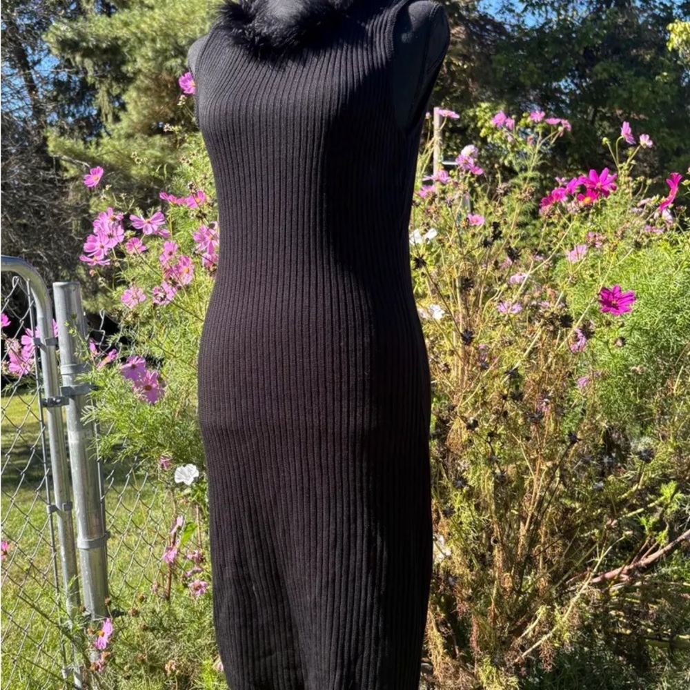 No Boundaries Black Ribbed Dress with Fur Collar